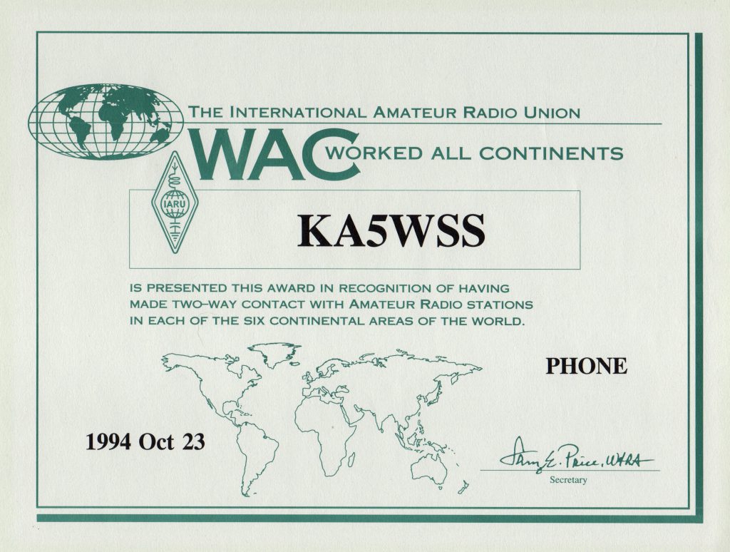 Older version of the Worked All Continents (WAC) certificate