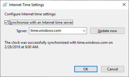 Internet time settings dialog box.